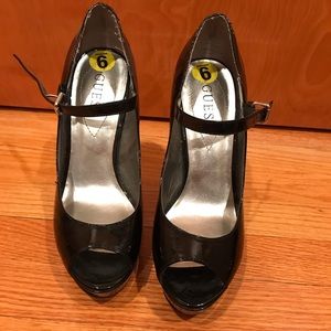 Guess Brand peep-toe black patent heels